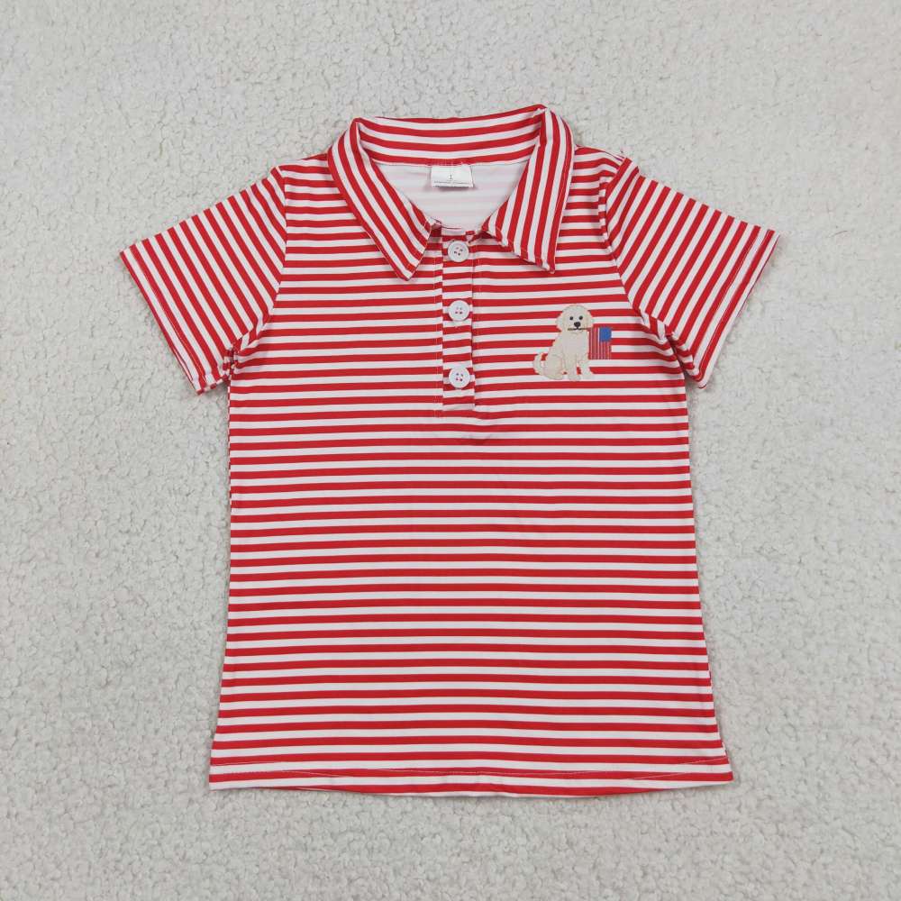 BT1619  RTS Red stripe 4th of july puppy embroidery short sleeve boy t-shirt