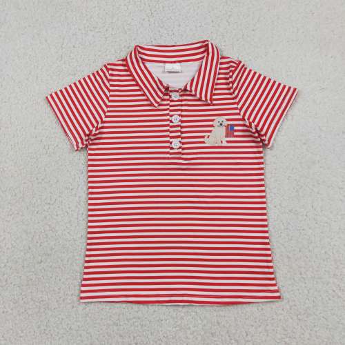 BT1619  RTS Red stripe 4th of july puppy embroidery short sleeve boy t-shirt