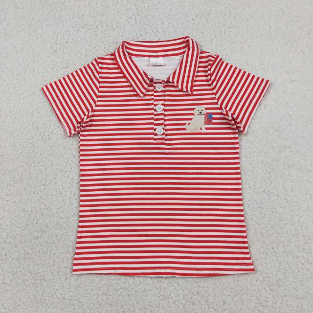 BT1619  RTS Red stripe 4th of july puppy embroidery short sleeve boy t-shirt