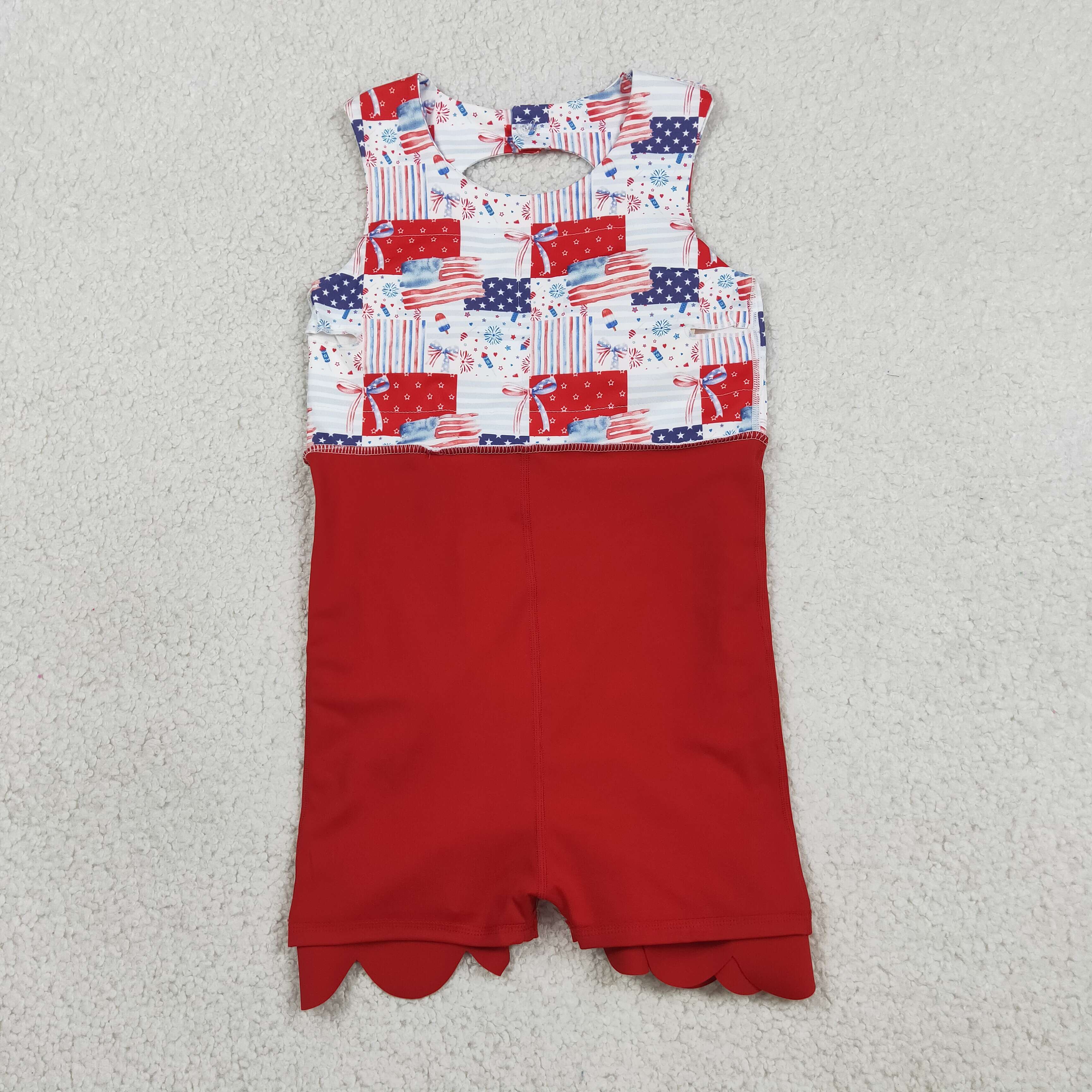 GSD3945  RTS 4th of july bows flag  print active girl yoga scallop dress