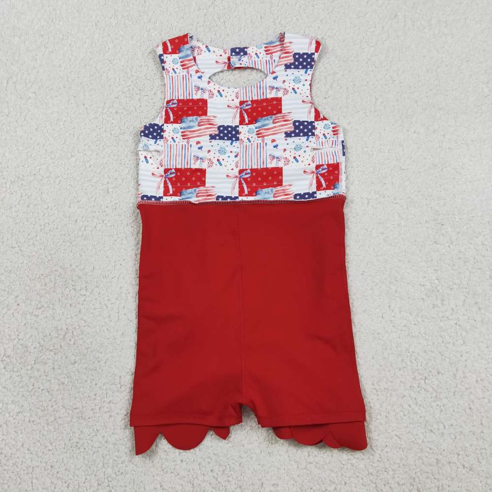 GSD3945  RTS 4th of july bows flag  print active girl yoga scallop dress