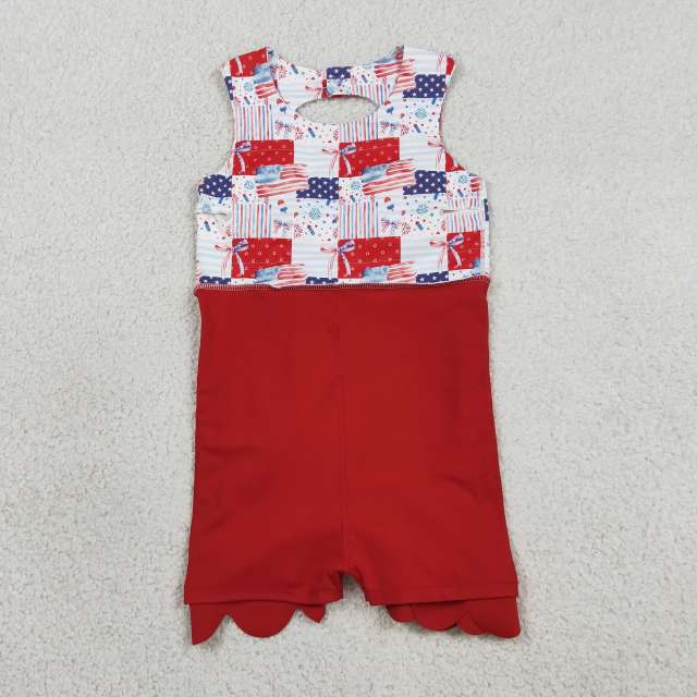 GSD3945  RTS 4th of july bows flag  print active girl yoga scallop dress