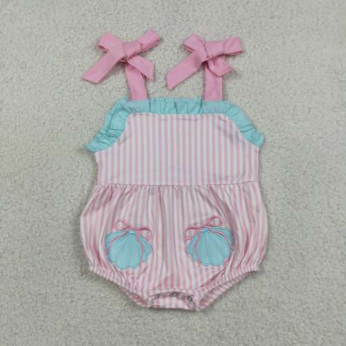 SR4127  Baby Pink stripe blue shell  Embroidery sleeveless Rompers