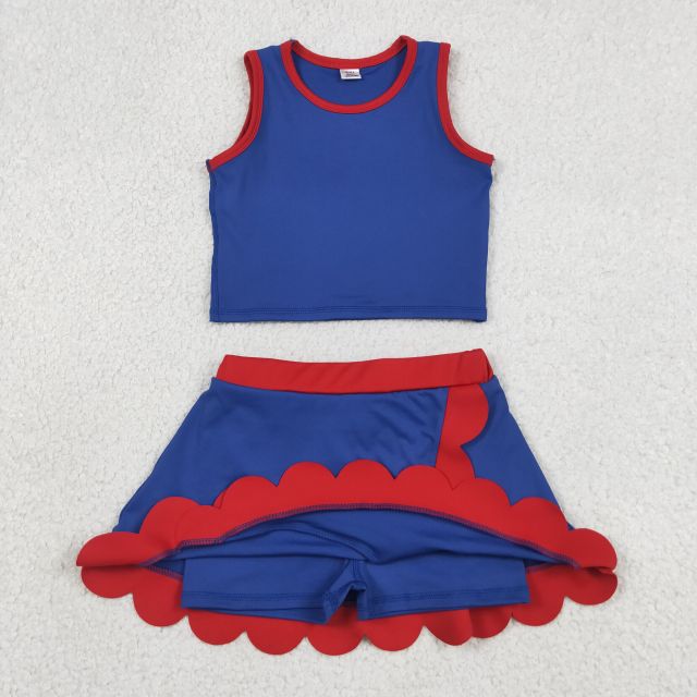 GSD4096   RTS Navy red print active girl yoga scallop skirt dress