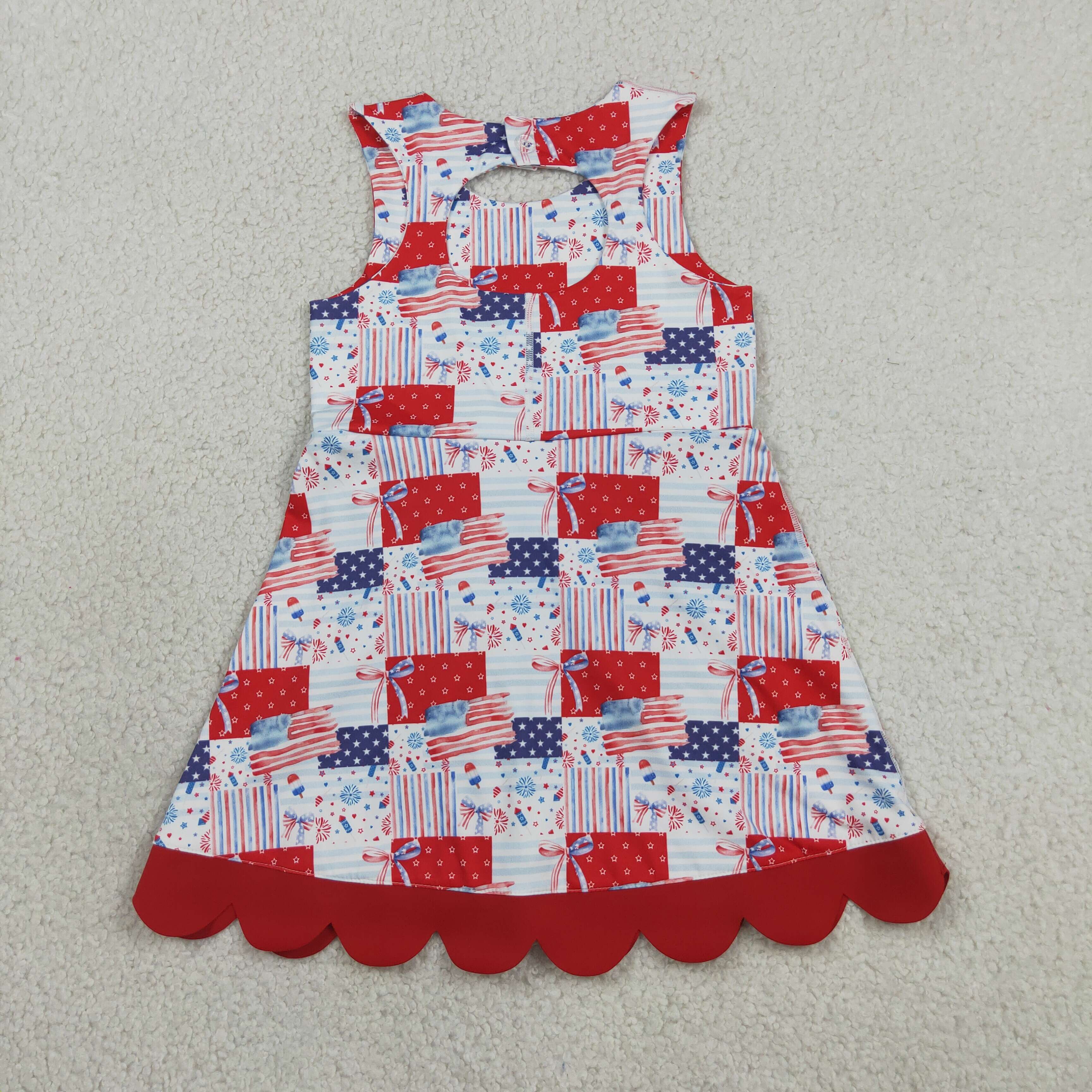 GSD3945  RTS 4th of july bows flag  print active girl yoga scallop dress