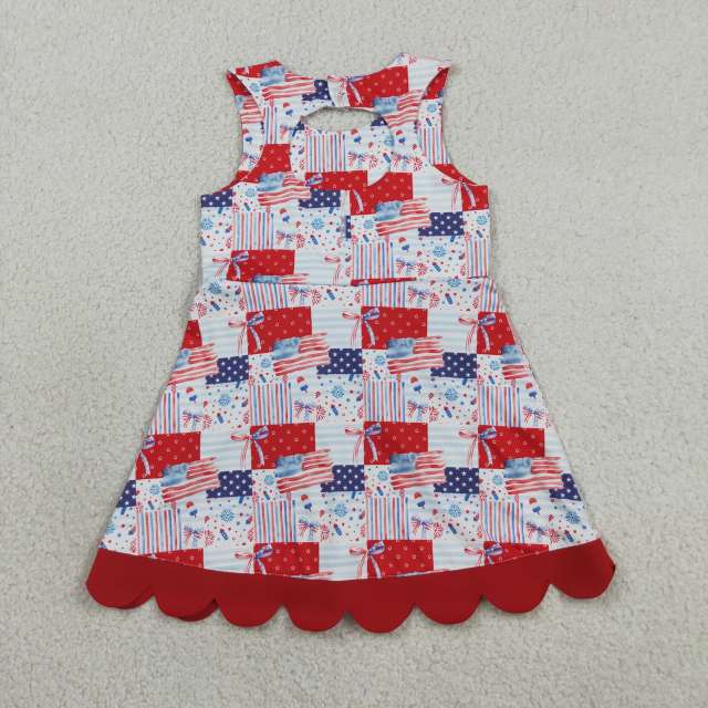 GSD3945  RTS 4th of july bows flag  print active girl yoga scallop dress