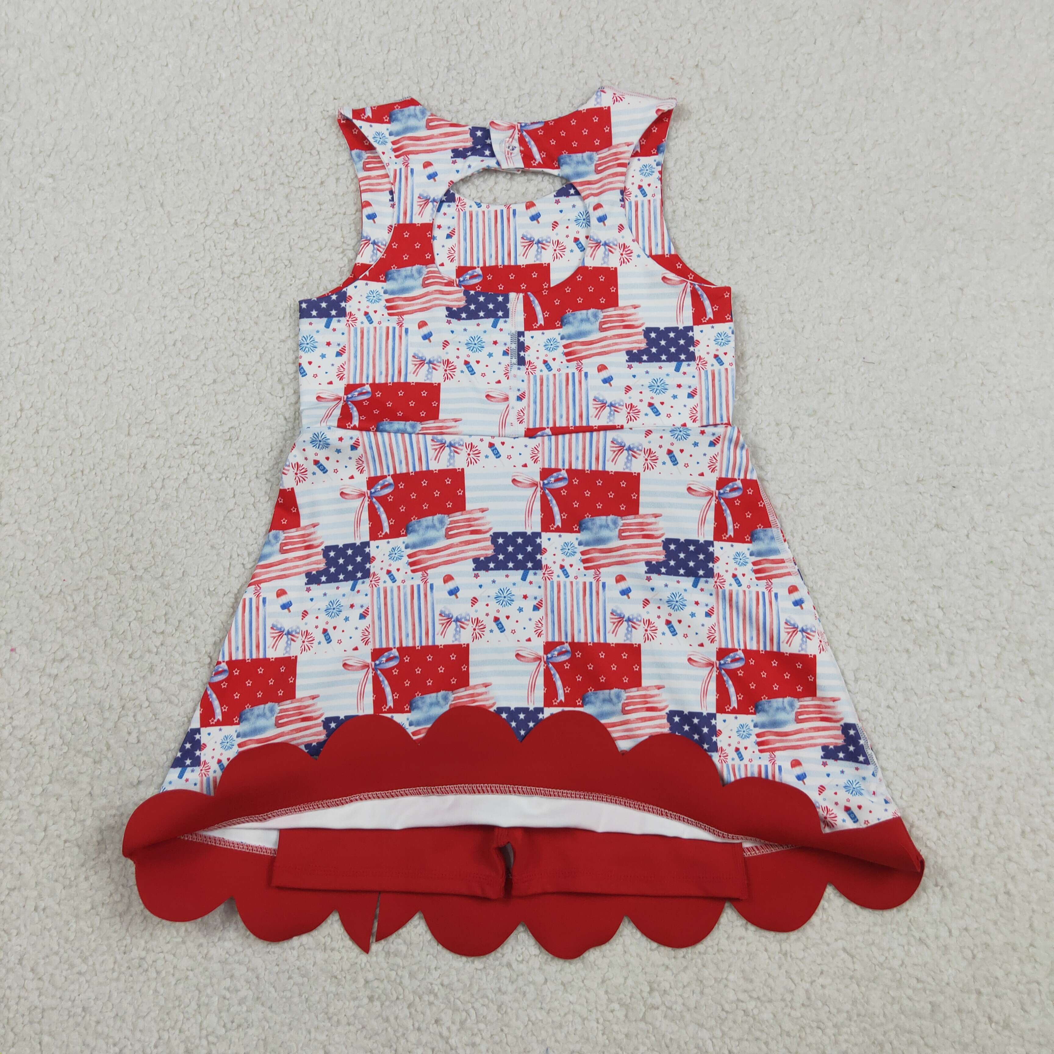 GSD3945  RTS 4th of july bows flag  print active girl yoga scallop dress