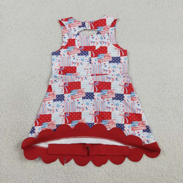GSD3945  RTS 4th of july bows flag  print active girl yoga scallop dress