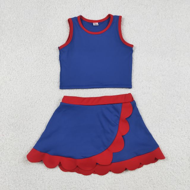 GSD4096   RTS Navy red print active girl yoga scallop skirt dress