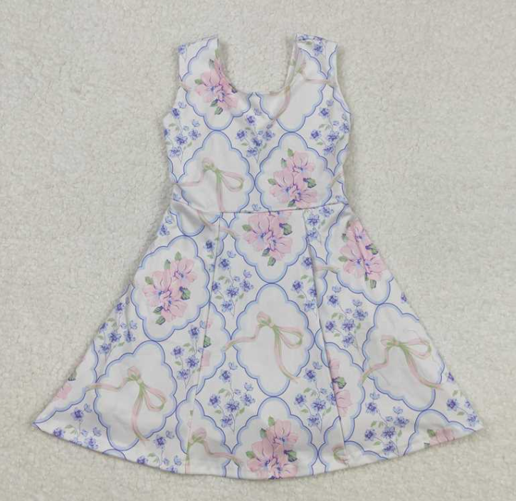 GSD1864  RTS Pink purple bows print active girl yoga athletic dress