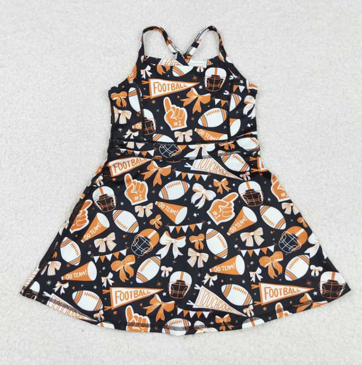 GSD2777  RTS Orange black football bows print active girl yoga athletic dress