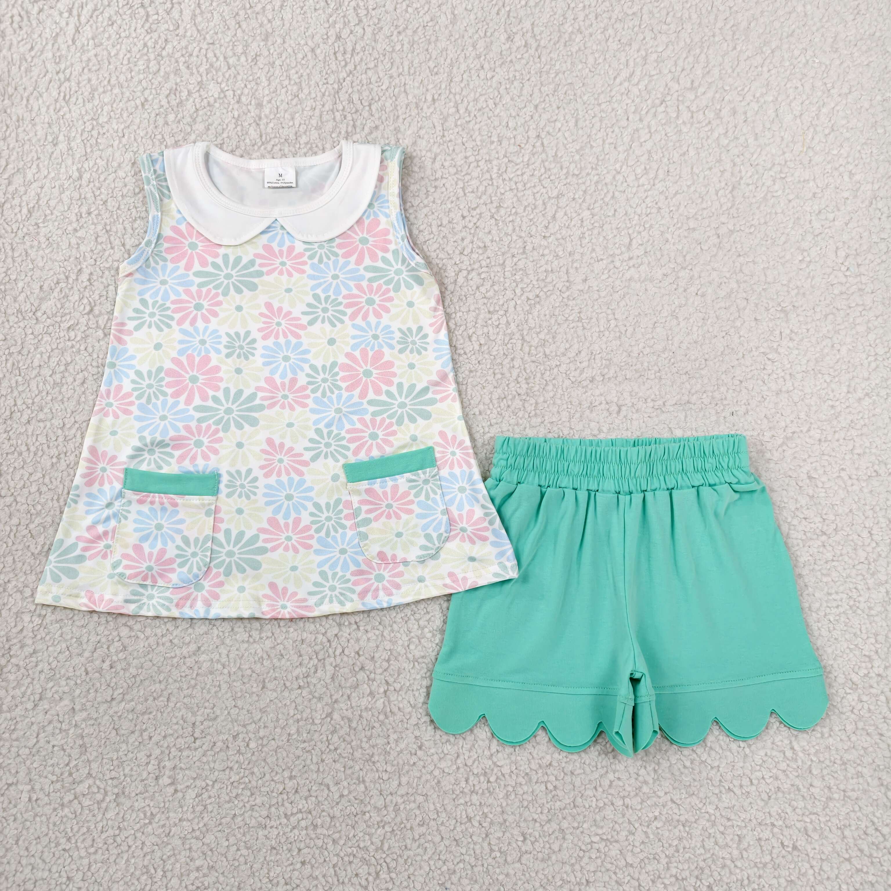 GSSO3632 Colorful flowers sleeveless girl scallop outfits
