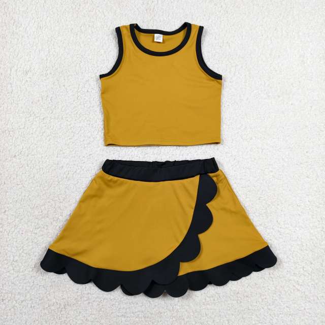 GSD4099  RTS Yellow black  print active girl yoga scallop skirt dress