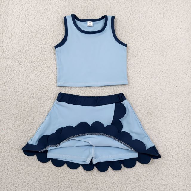 GSD4082  RTS Navy sky blue print active girl yoga scallop skirt dress
