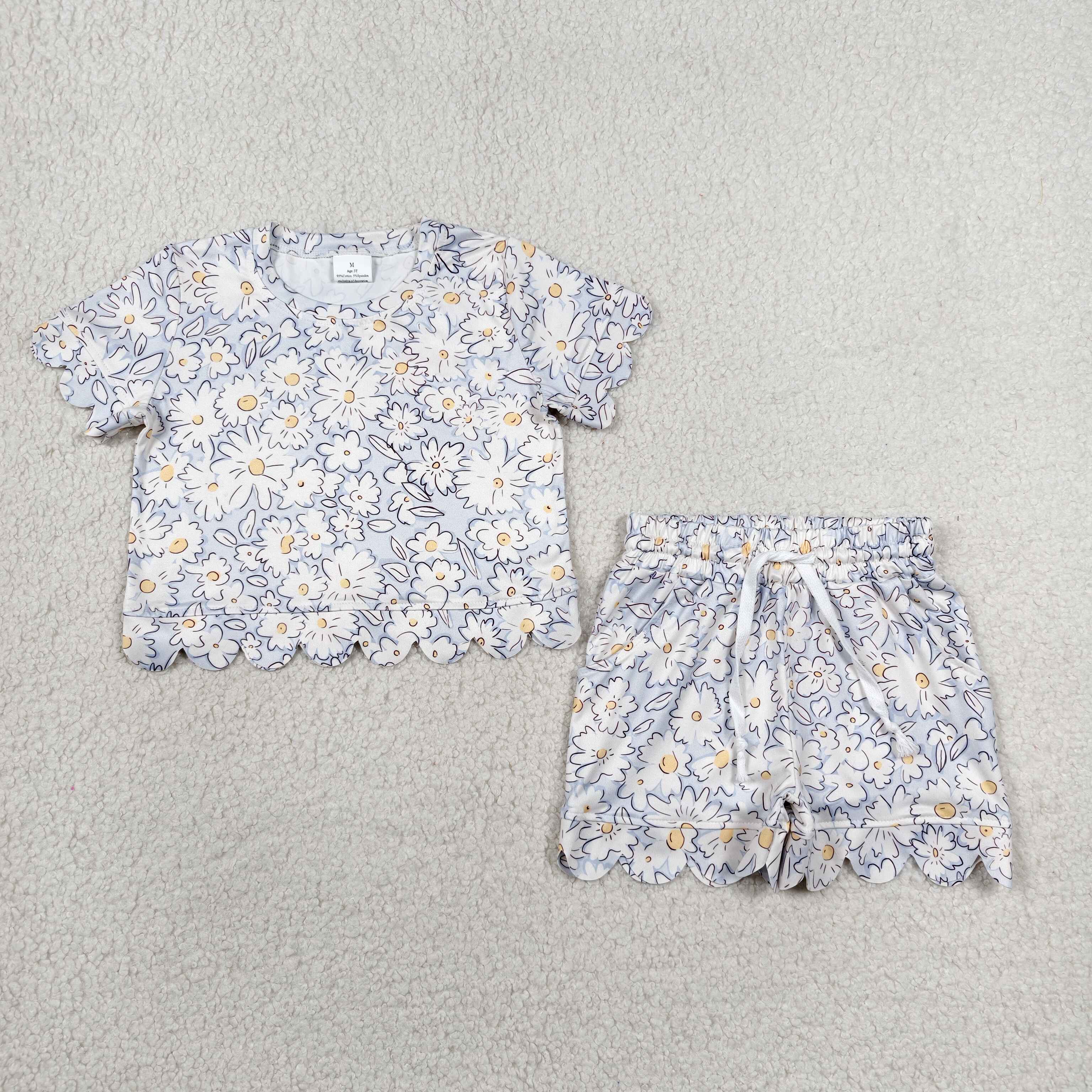 GSSO3275 white flowes purple Print Short sleeve girl  SCALLOP  outfits
