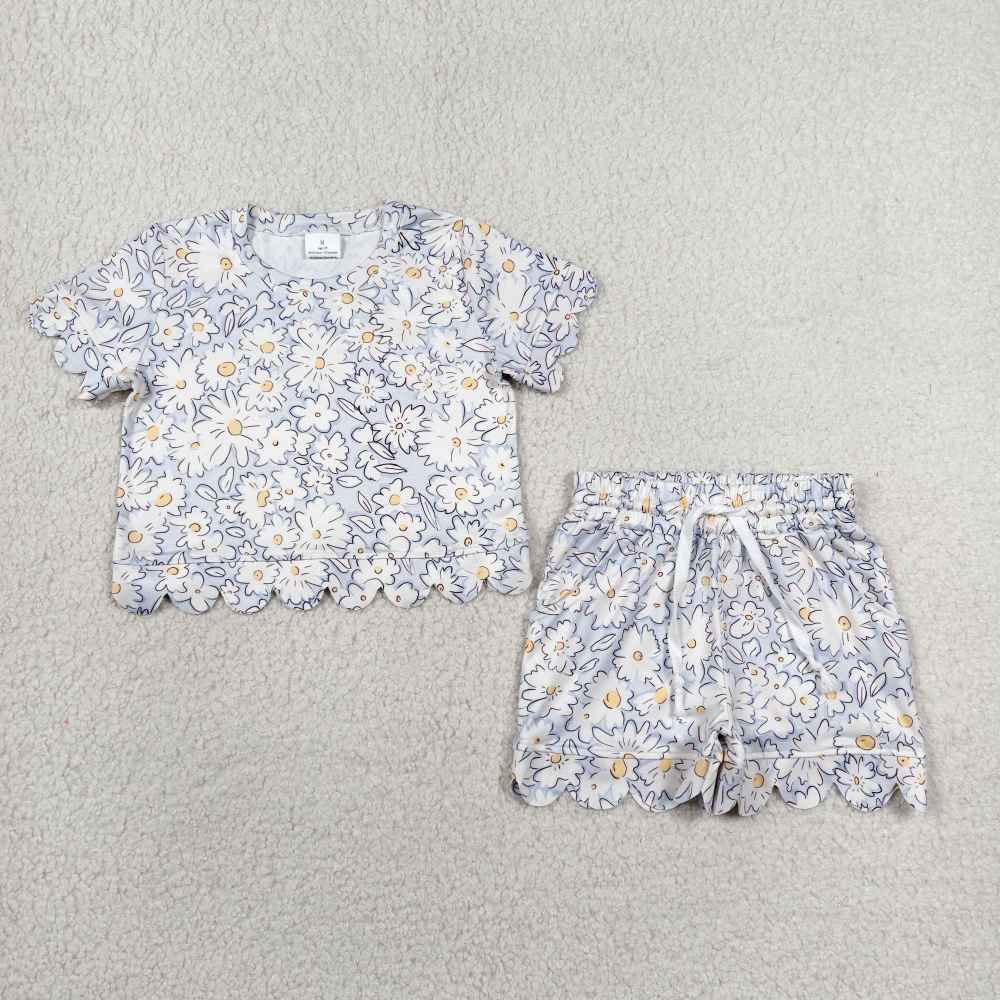 GSSO3275 white flowes purple Print Short sleeve girl  SCALLOP  outfits