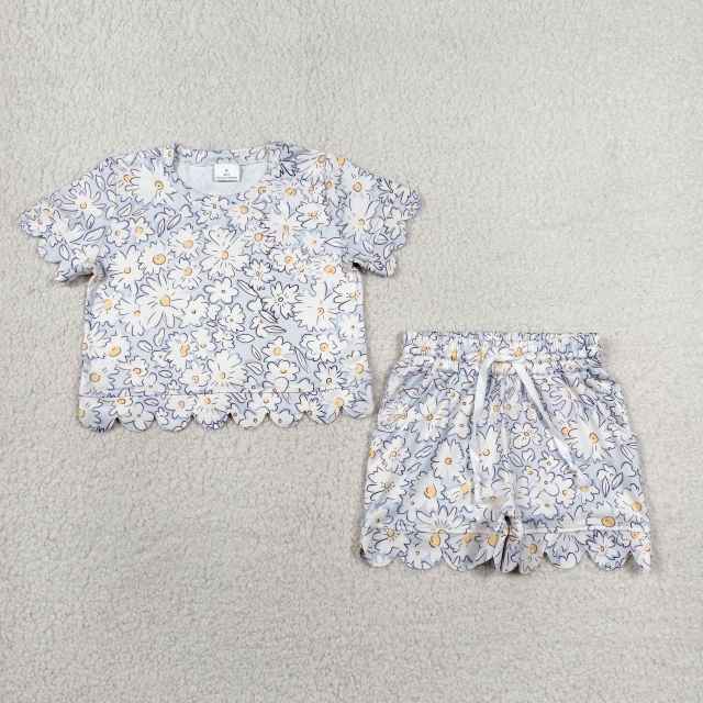 GSSO3275 white flowes purple Print Short sleeve girl  SCALLOP  outfits