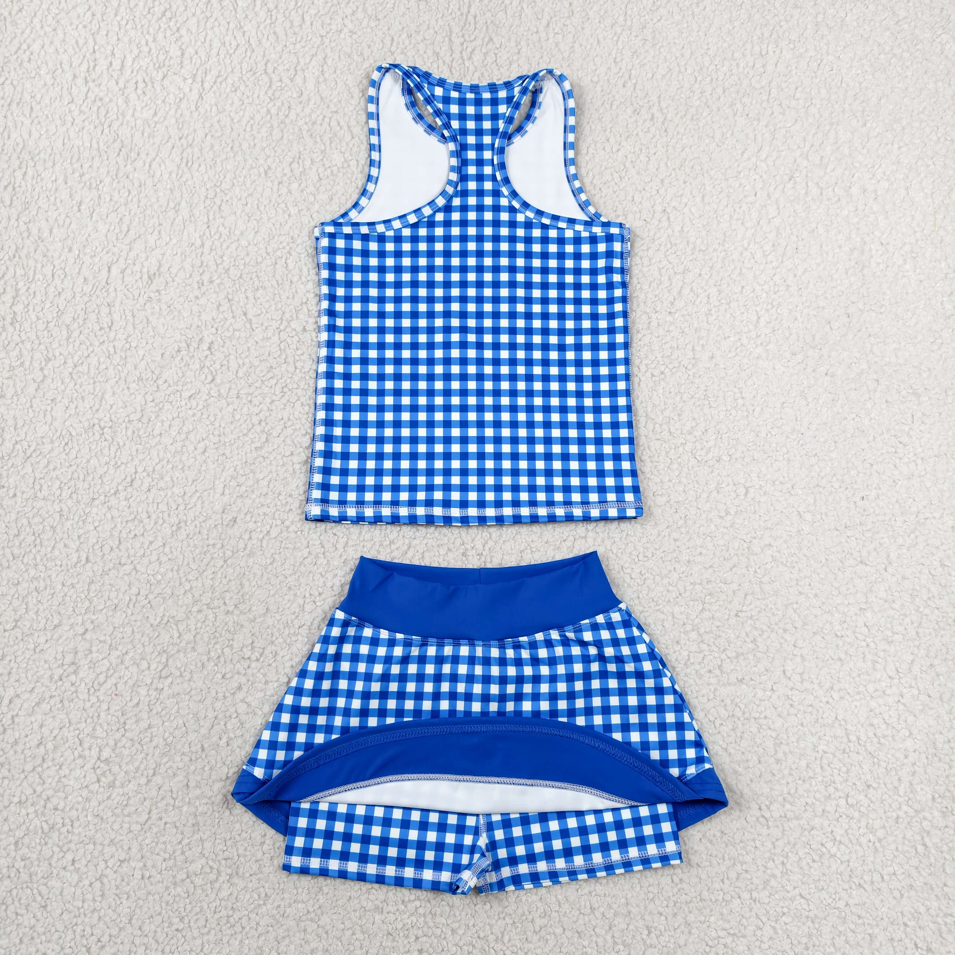GSD3652 RTS Blue plaid print active girl yoga vest skirt dress