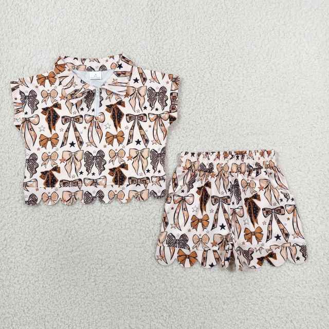 GSSO3696 Beige flowers bows short sleeve girl Scallop outfits