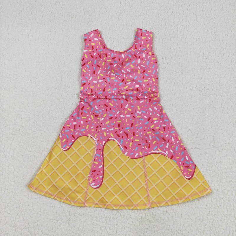 GSD2417 RTS Pink Ice scream sprinkle print girl  summer athletic yoga dress