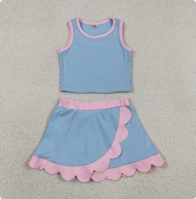 GSD4014 RTS  Solid color sky blue and rose red color blocking sleeveless wavy lace midi skirt yoga set