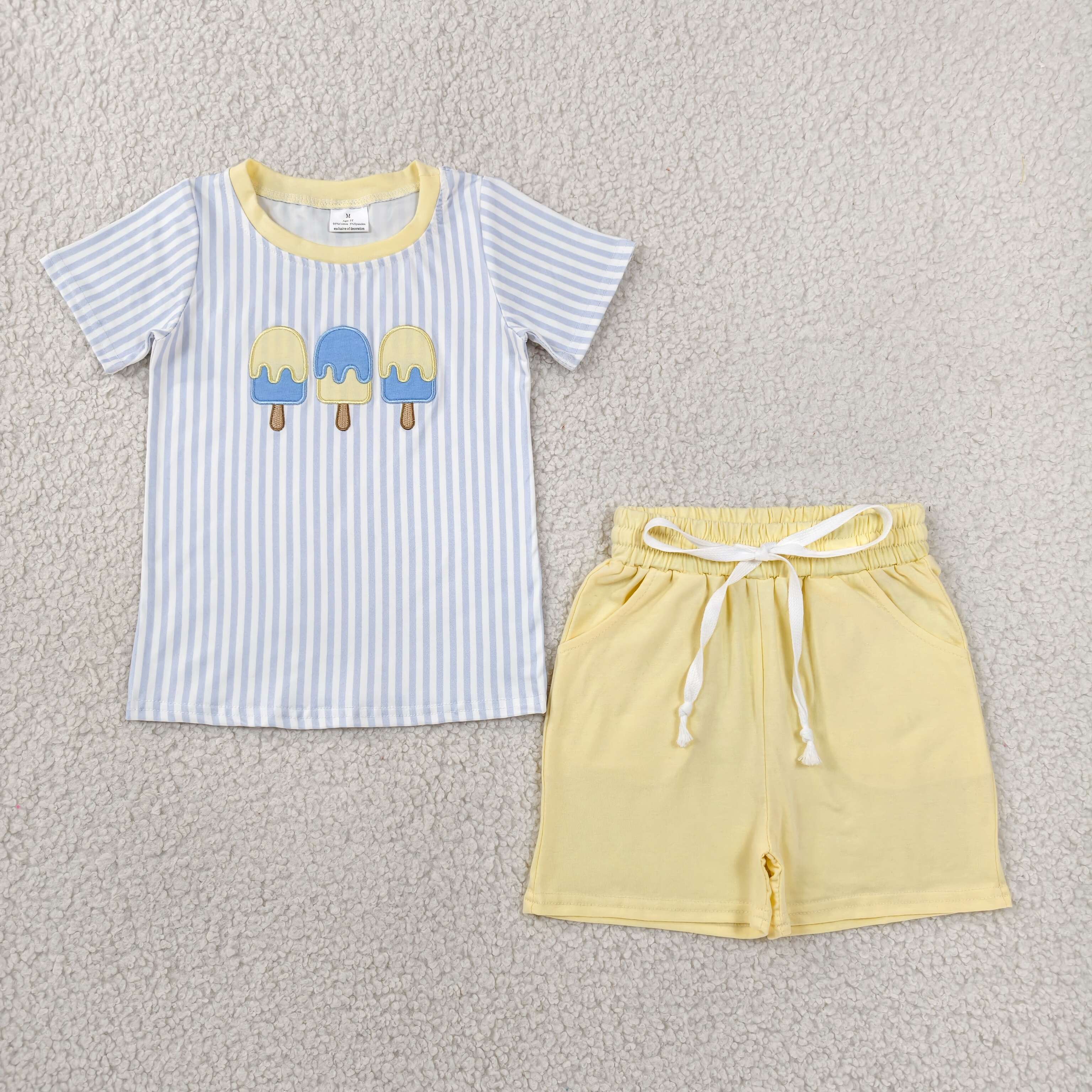 BSSO1975 RTS Blue stripe ice scream embroidery short sleeve boy outfits