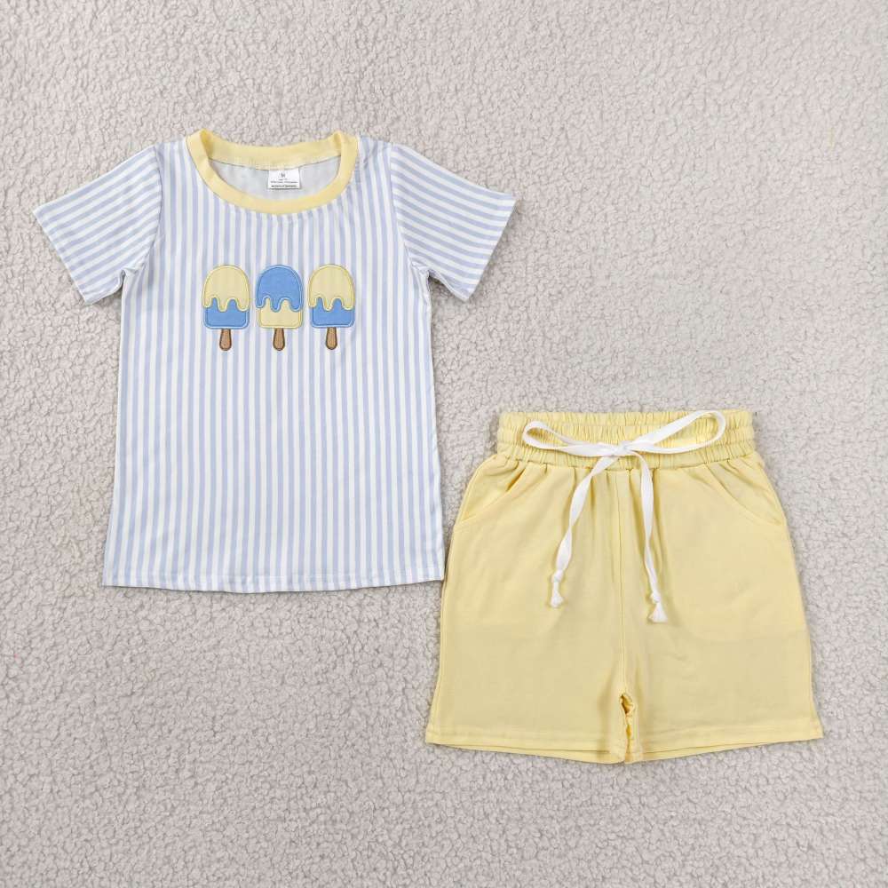 BSSO1975 RTS Blue stripe ice scream embroidery short sleeve boy outfits