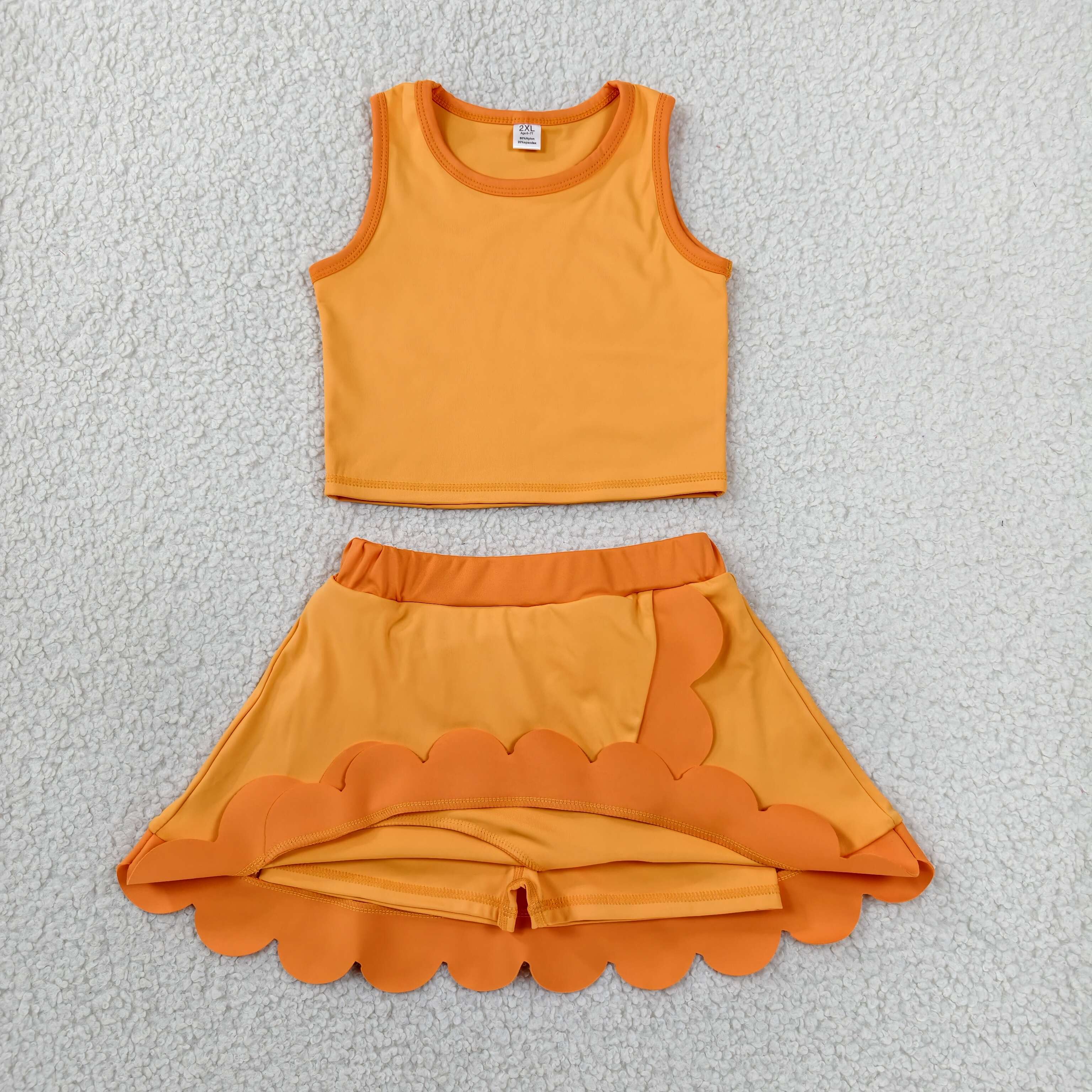 GSD4081  RTS orange solid print active girl yoga scallop skirt dress