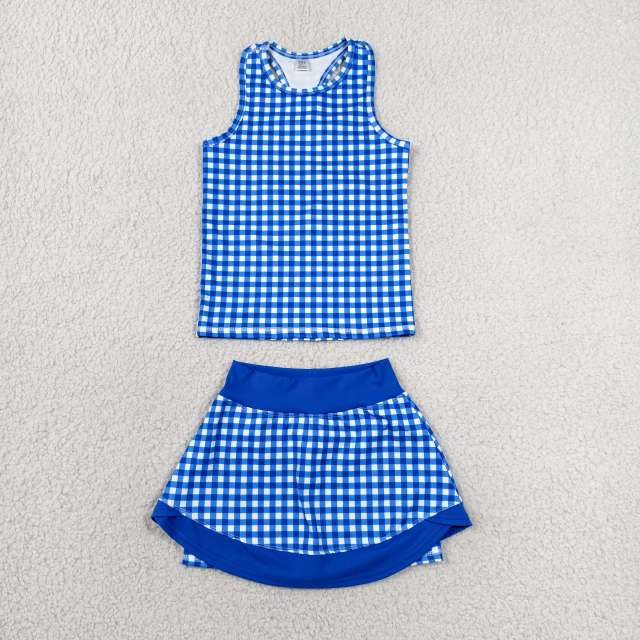 GSD3652 RTS Blue plaid print active girl yoga vest skirt dress