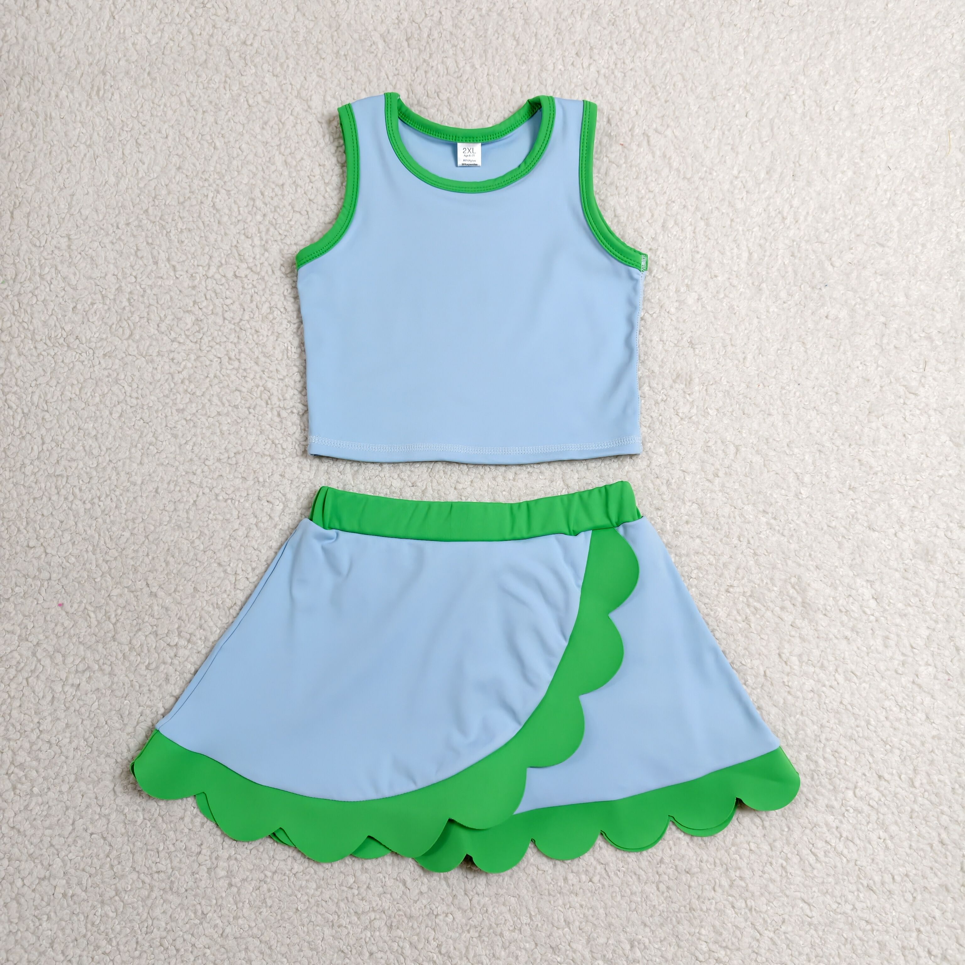 GSD4021 RTS SKY BLUE  solid GREEN TRIM print active girl yoga scallop skirt dress