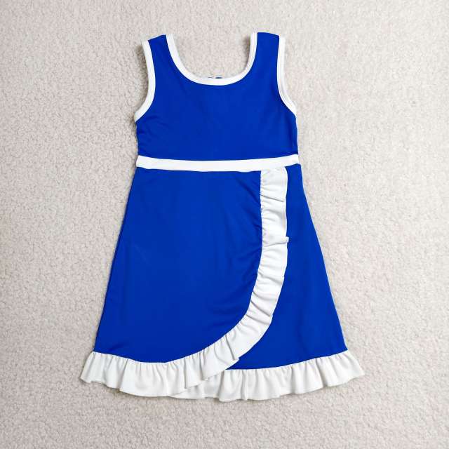 GSD4141 RTS blue solid White trim print active girl yoga skirt dress