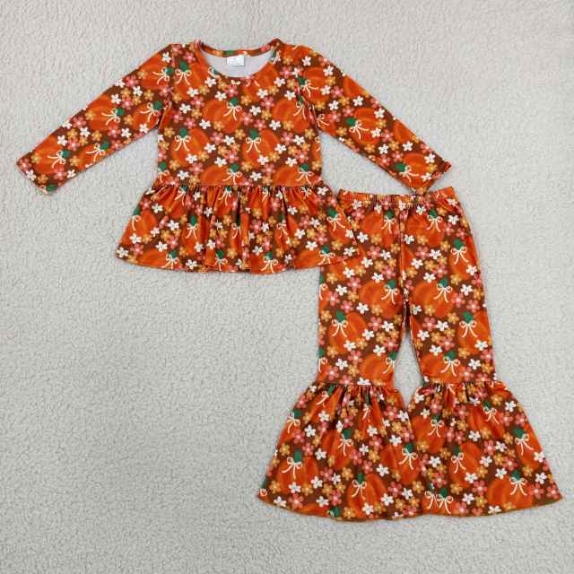 GLP3343 orange small Flowers pumpkin bows Print long  sleeve girl outfits