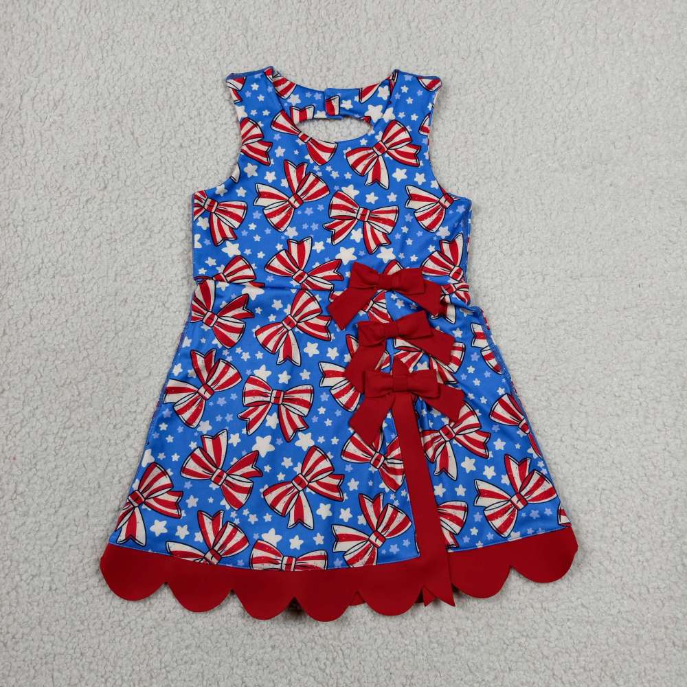 GSD3925  RTS 4th of july Red White stripe bows bows print active girl yoga dress