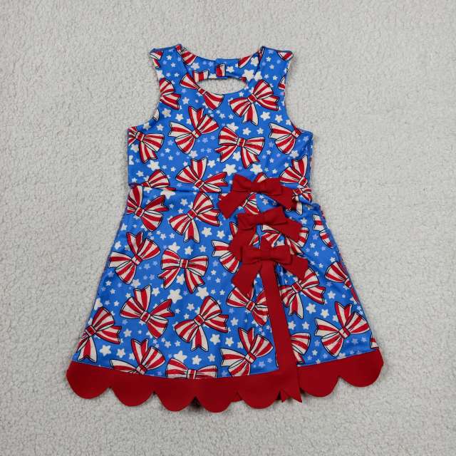 GSD3925  RTS 4th of july Red White stripe bows bows print active girl yoga dress