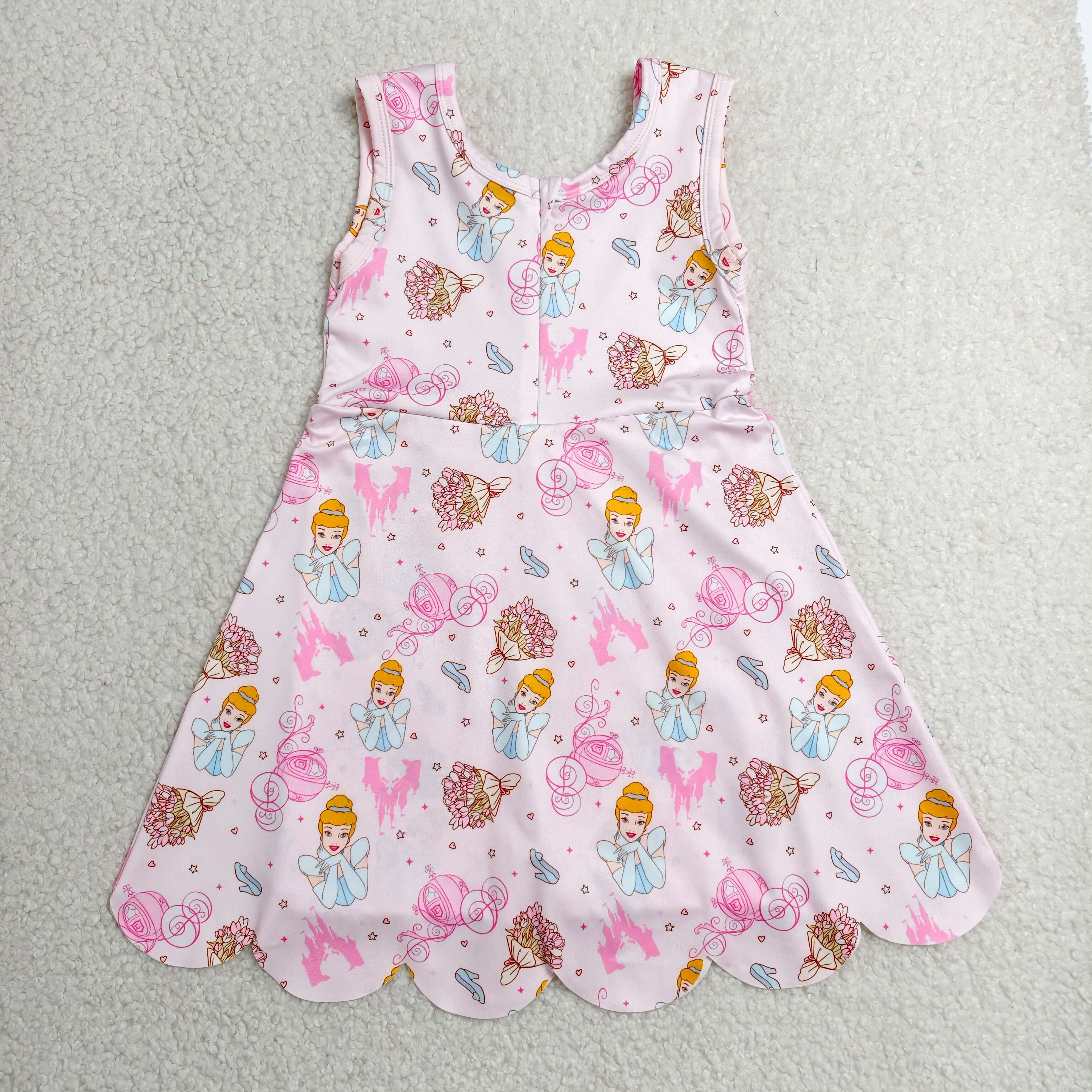 GSD2489   RTS Pink princess print girl  summer scallop YOGA dress