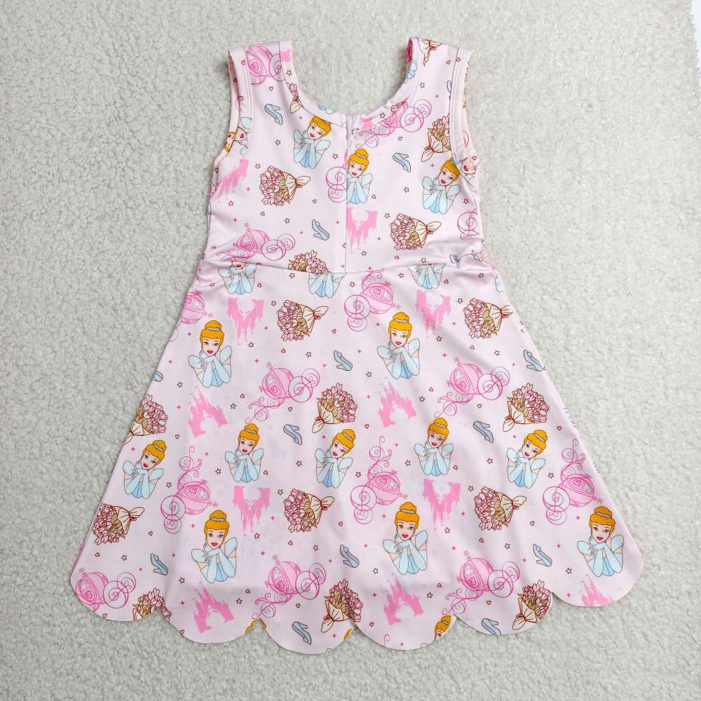 GSD2489   RTS Pink princess print girl  summer scallop YOGA dress