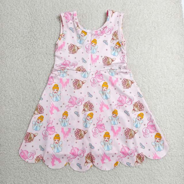 GSD2489   RTS Pink princess print girl  summer scallop YOGA dress