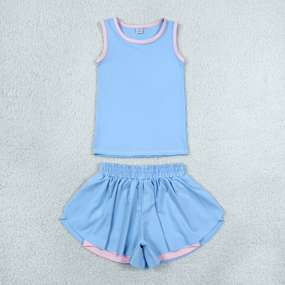 GSD3527 RTS SKY Blue Solid print active girl yoga vest skirt dress