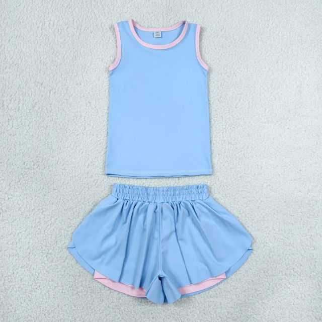 GSD3527 RTS SKY Blue Solid print active girl yoga vest skirt dress