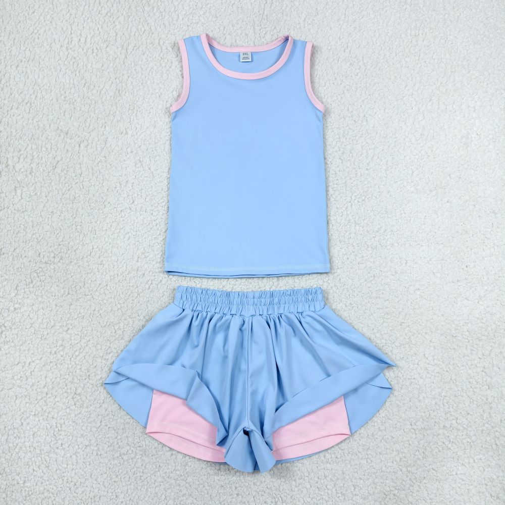 GSD3527 RTS SKY Blue Solid print active girl yoga vest skirt dress