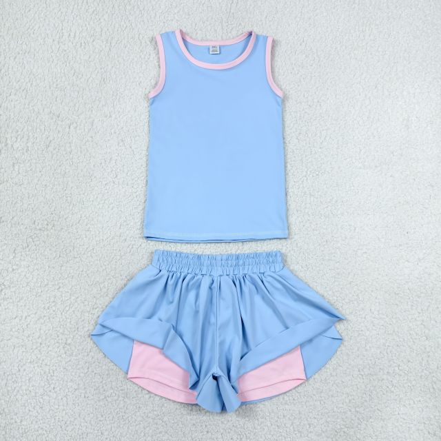GSD3527 RTS SKY Blue Solid print active girl yoga vest skirt dress