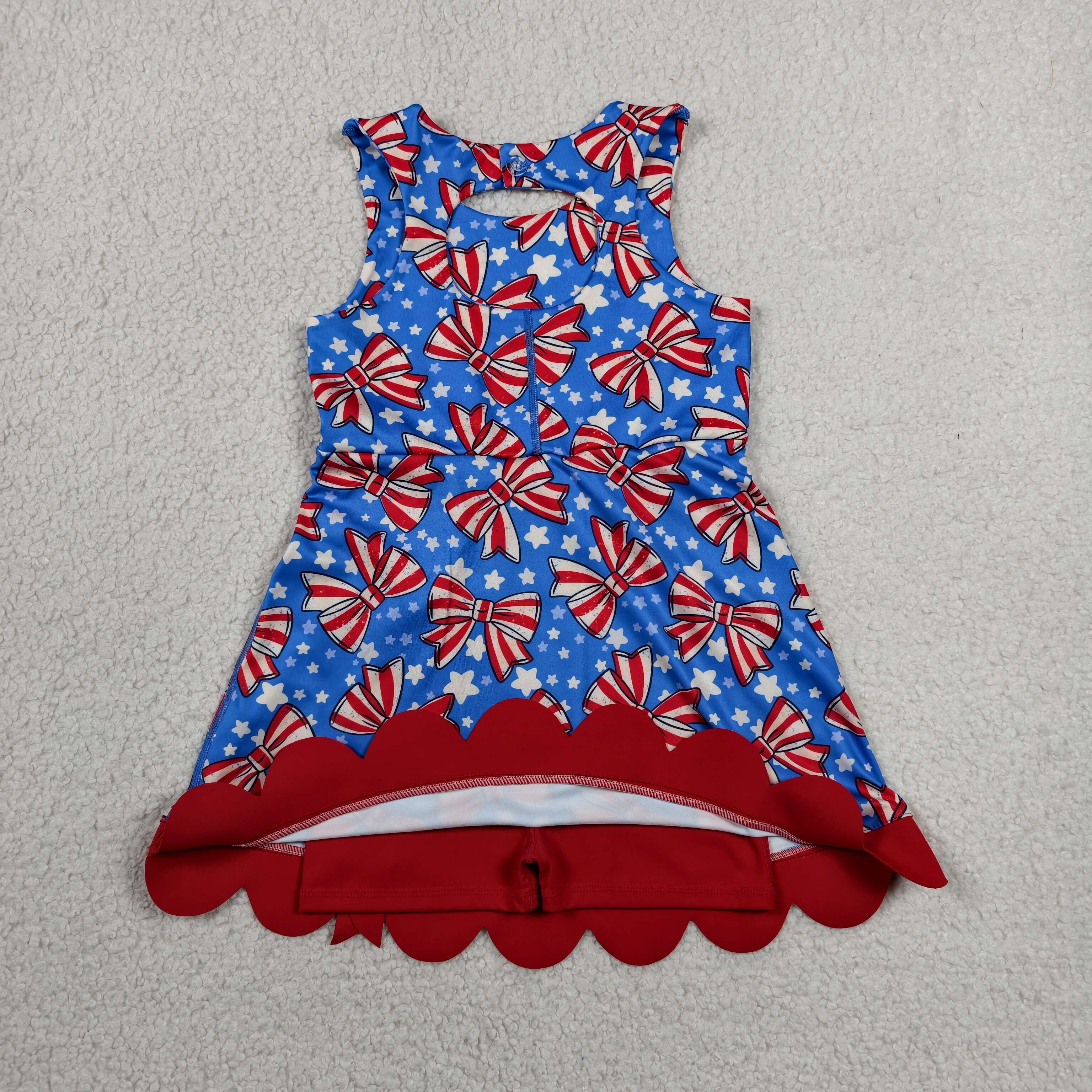GSD3925  RTS 4th of july Red White stripe bows bows print active girl yoga dress