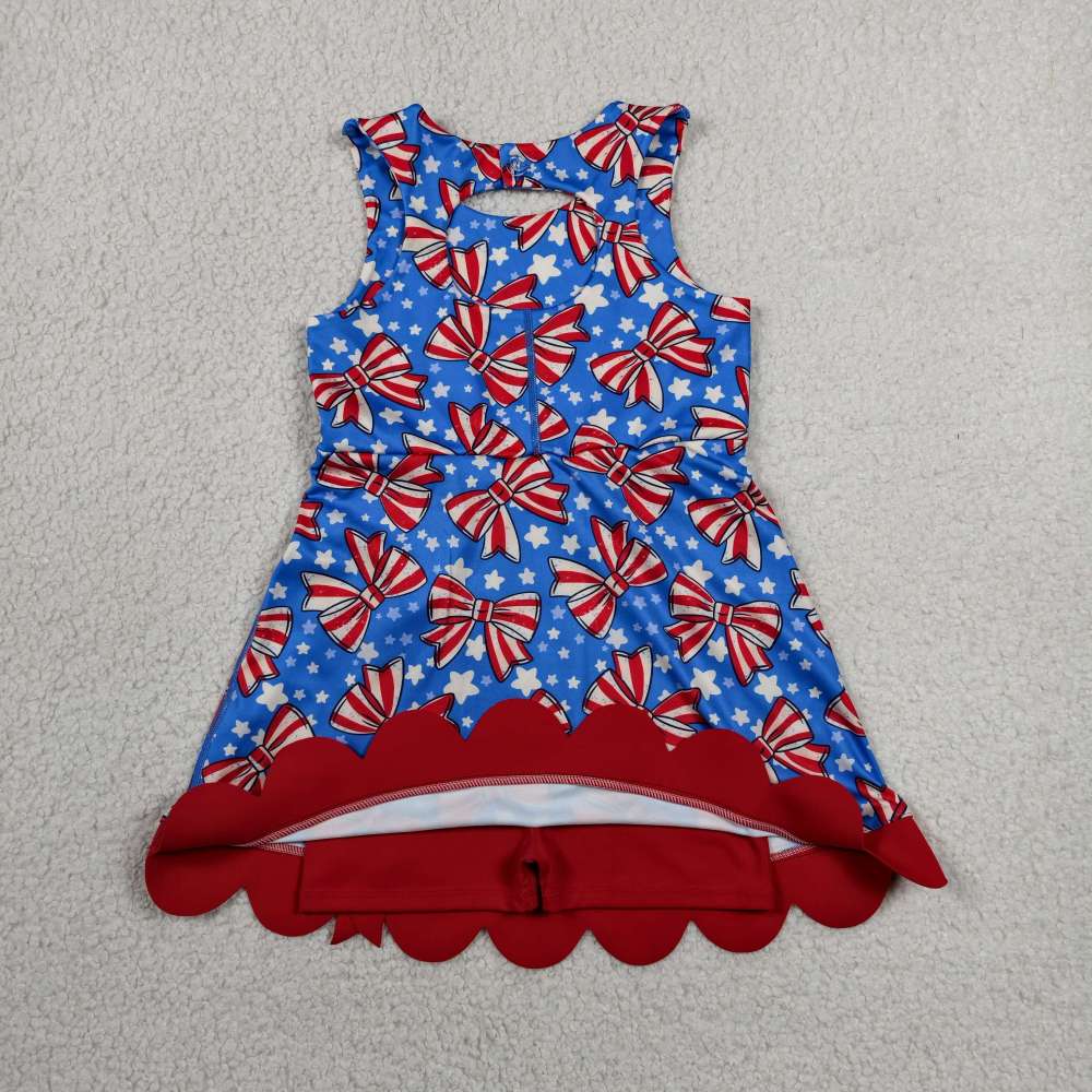 GSD3925  RTS 4th of july Red White stripe bows bows print active girl yoga dress