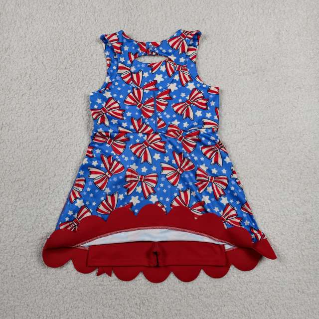 GSD3925  RTS 4th of july Red White stripe bows bows print active girl yoga dress