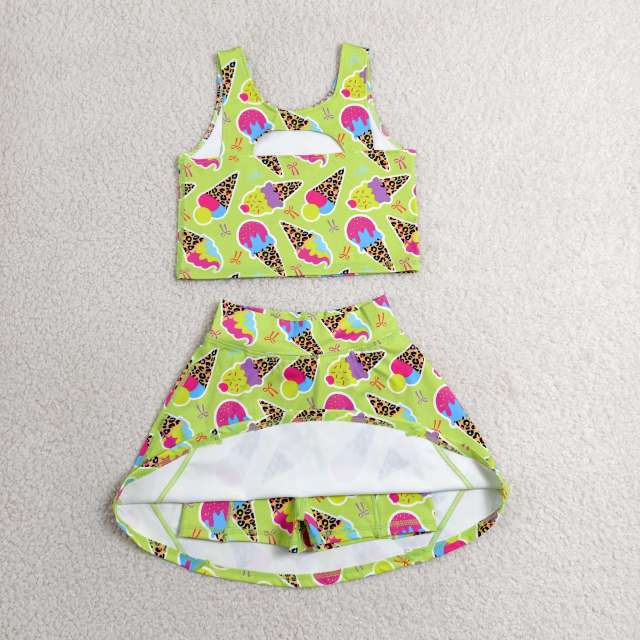 GSD2520 RTS Green ice scream print active girl yoga skirt dress