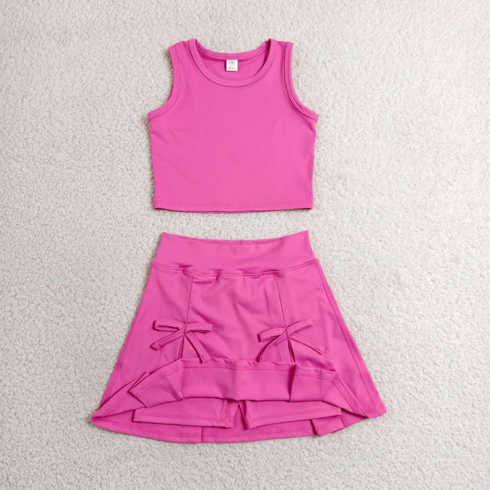 GSD3758  RTS  Hot pink solid print bows active girl yoga skirt dress
