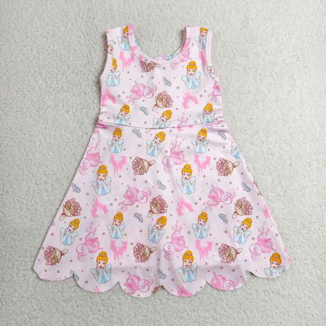 GSD2489   RTS Pink princess print girl  summer scallop YOGA dress