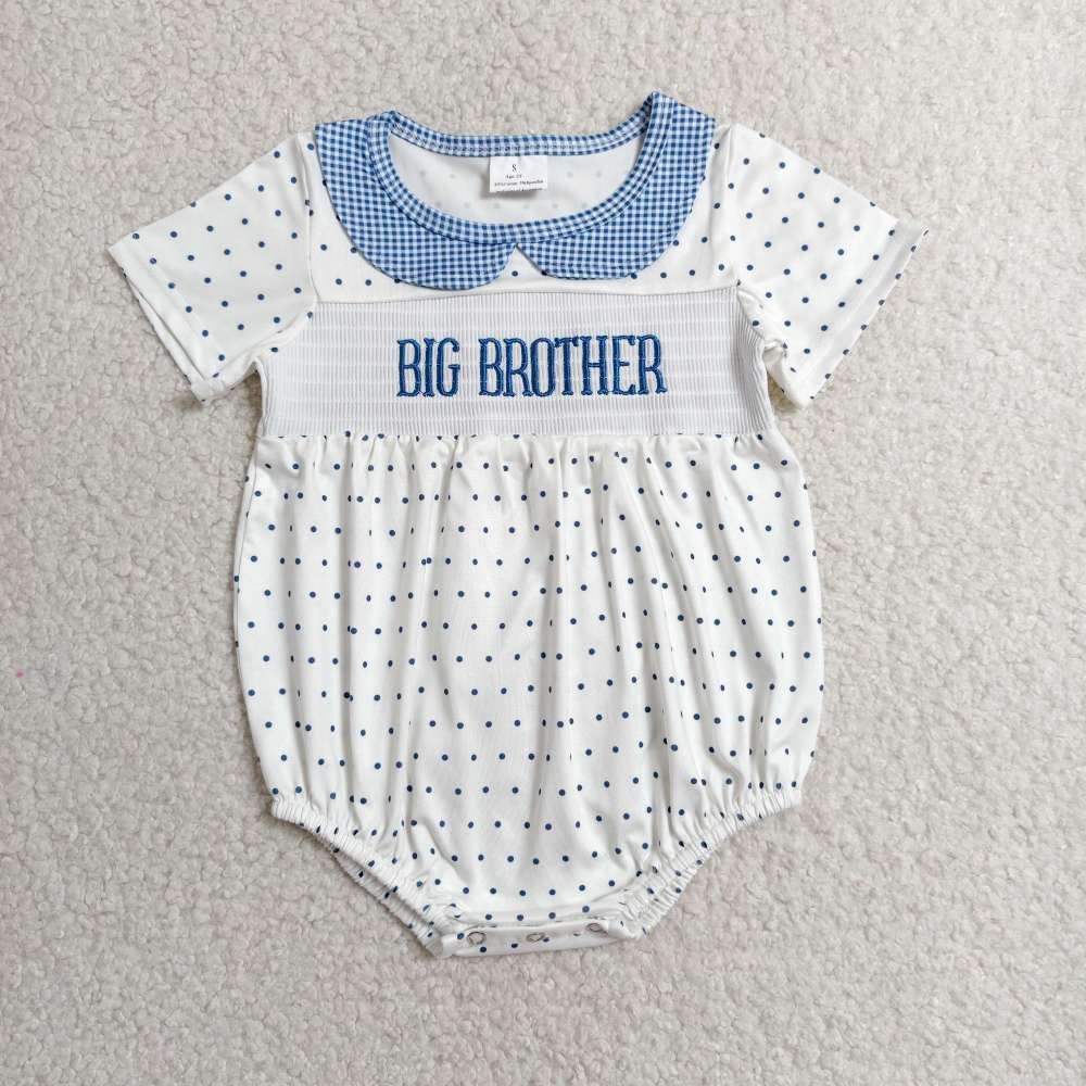 SR3980 RTS boy Blue polka little  SISTER smock ruffle sleeve baby romper