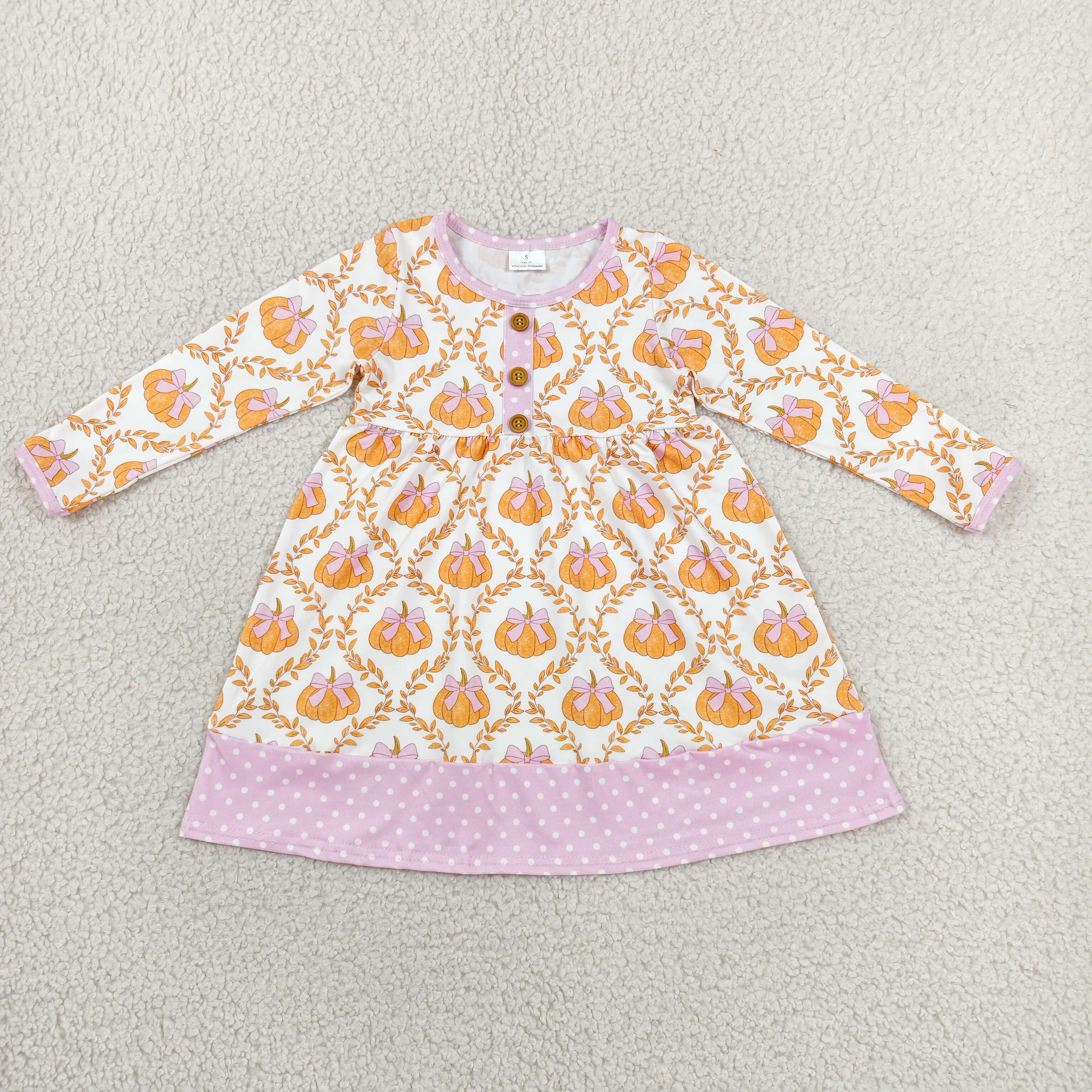GLD1627  RTS Orange pumpkin pink polka girl fall long sleeve dress