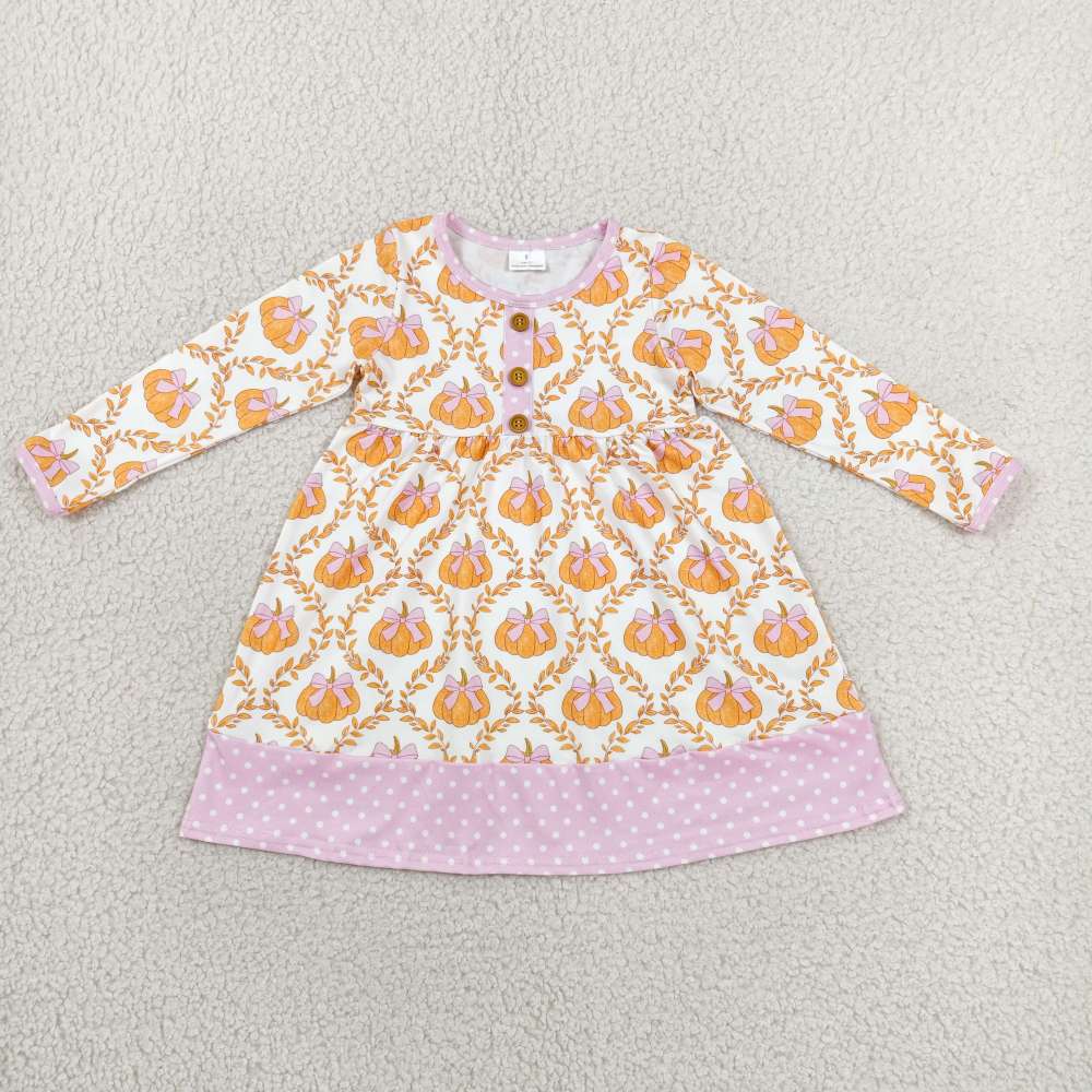 GLD1627  RTS Orange pumpkin pink polka girl fall long sleeve dress